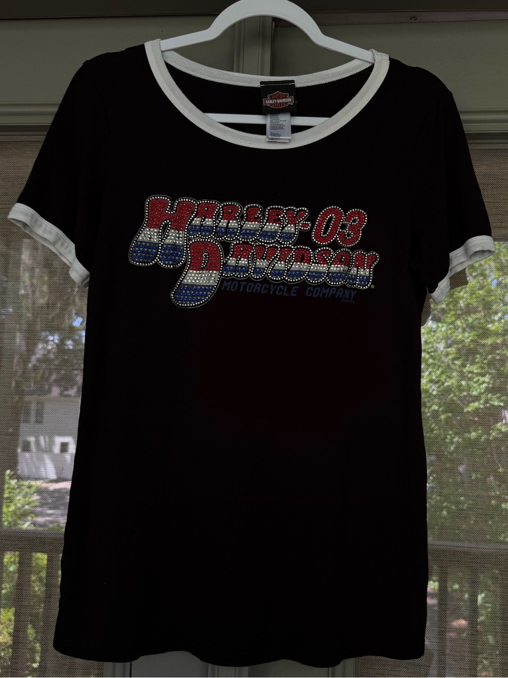 Harley-Davidson Black Tee with Red, White & Blue Rhinestone Logo